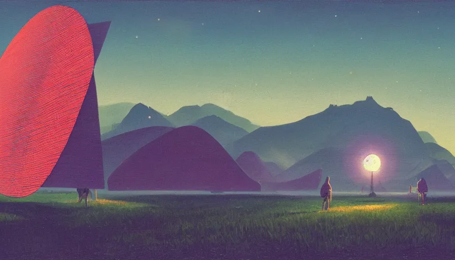 Image similar to giant solar sail blocking the sun, early morning, open field, simon stalenhag, art deco painting