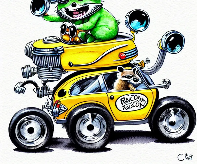 Image similar to cute and funny, racoon wearing a helmet riding in a tiny hot rod with oversized engine, ratfink style by ed roth, centered award winning watercolor pen illustration, isometric illustration by chihiro iwasaki, edited by watercolor girl, tiny details by artgerm, symmetrically isometrically centered