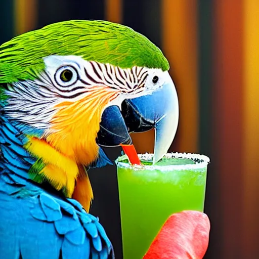 Prompt: A portrait photo of a parrot sipping a fruity drink through a straw in Margaritaville