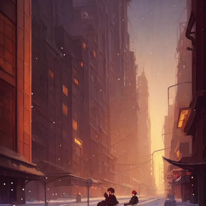 Prompt: empty big city at night, winter, in the style of studio ghibli, j. c. leyendecker, greg rutkowski, artem