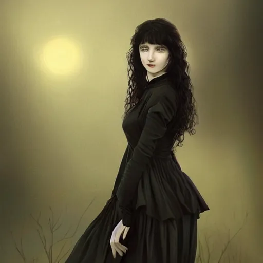 Prompt: english teenage girl with black hair, china blue eyes, pale glowing skin, beautiful sinister features, no makeup, elegant fashion model, young kate bush, wuthering heights, fantasy, intricate, elegant, dress shirt and tie, highly detailed, digital painting, artstation, concept art, smooth, sharp focus, illustration, art by Krenz Cushart and Artem Demura and alphonse mucha