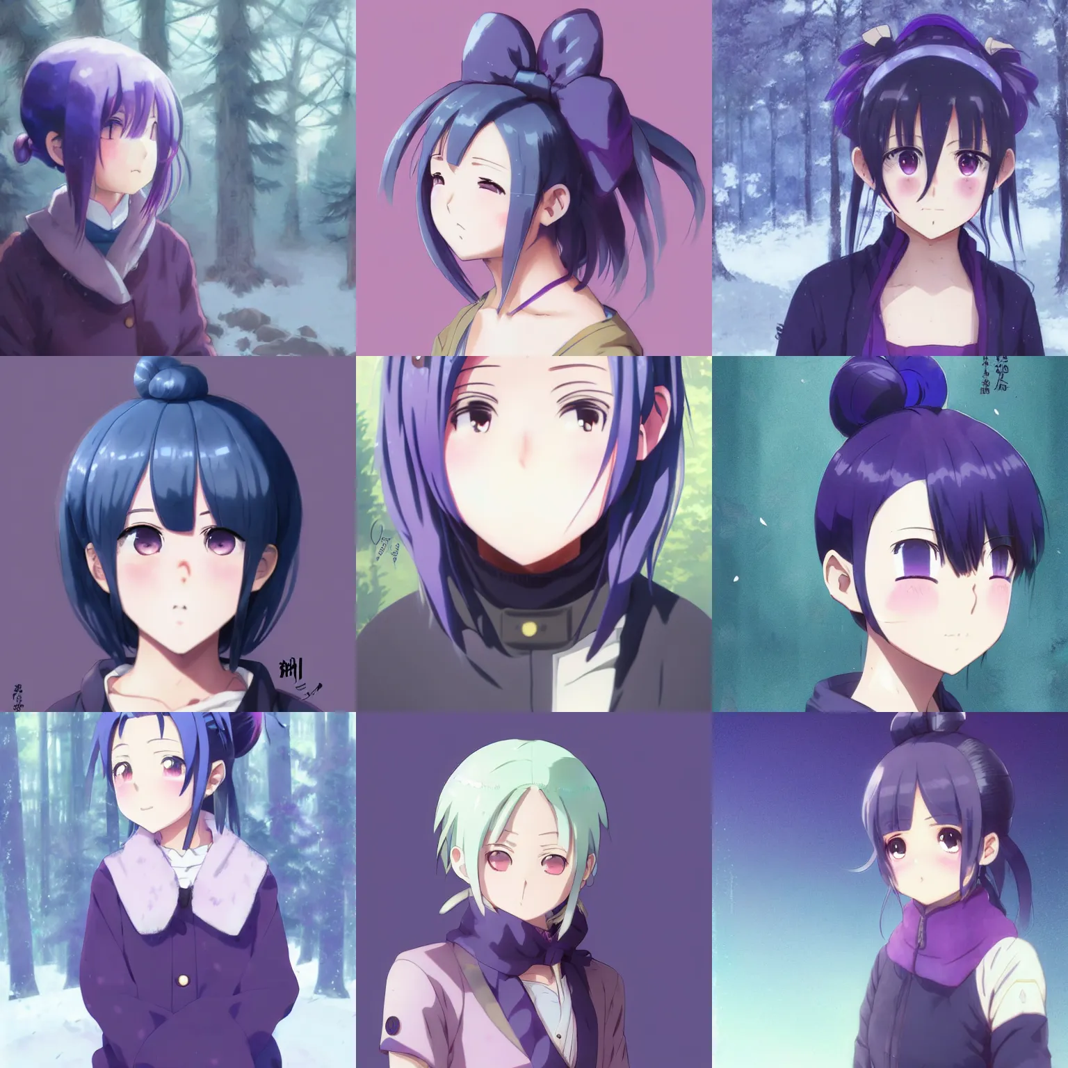 Prompt: cute anime shima rin shimarin yuru camp dark - blue hair bun tied in a high bun purple violet eyes portrait by greg rutkowski forest background