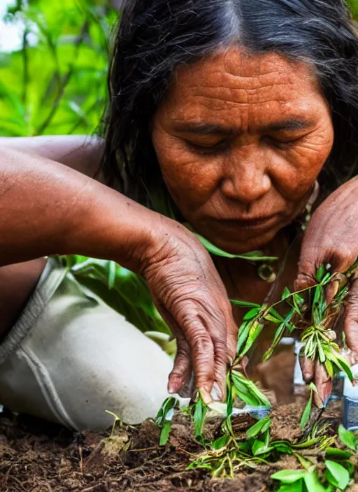 Image similar to a beautiful close up portrait of an indigenous woman preparing plant medicines in the jungle, highly detailed