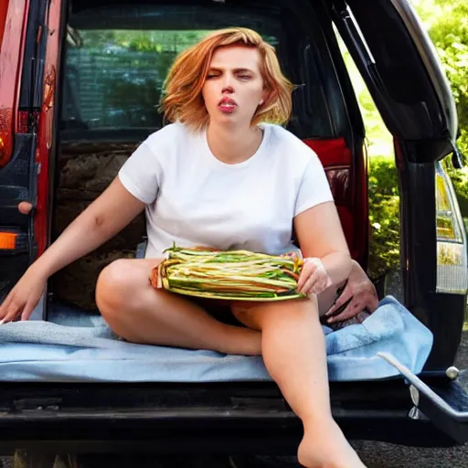 Image similar to fat scarlett johansson sitting in truck bed eating spaghetti