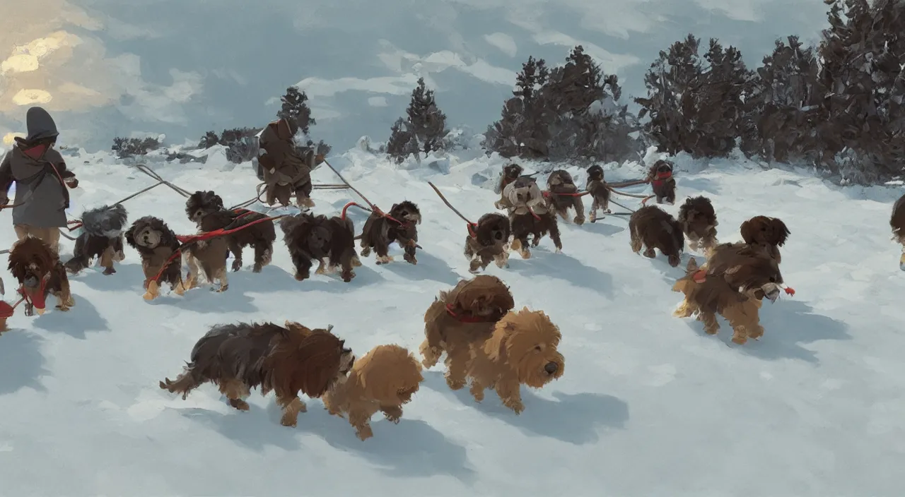 Image similar to havanese dogs and men in the arctic, havanese dogs pulling dog sleds, 1 9 0 0, tartakovsky, atey ghailan, goro fujita, studio ghibli, rim light, bright harsh lighting, clear focus, very coherent