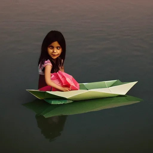 Image similar to a girl in a origami paper boat at dusk