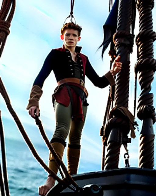 Prompt: film still of tom holland as a pirate, standing on the mast, cinematic lighting, sharp focus, highly detailed attributes and atmosphere