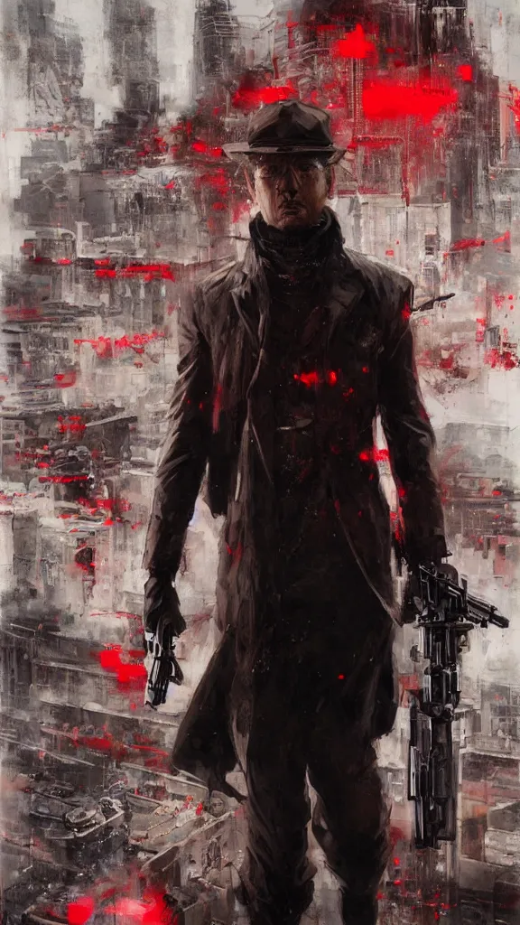 Image similar to portrait, of a spy with a gun, book cover, red and black colors, city establishing shot, extremly high detail, foto realistic, cinematic lighting, by Yoshitaka Amano, Ruan Jia, Kentaro Miura, Artgerm, post processed, concept art, artstation, matte painting, style by eddie mendoza, raphael lacoste, alex ross