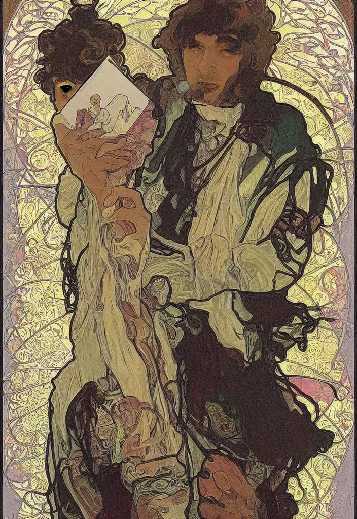 Image similar to realistic white - haired geoffrey hinton on a tarot card, tarot in art style by alphonse mucha