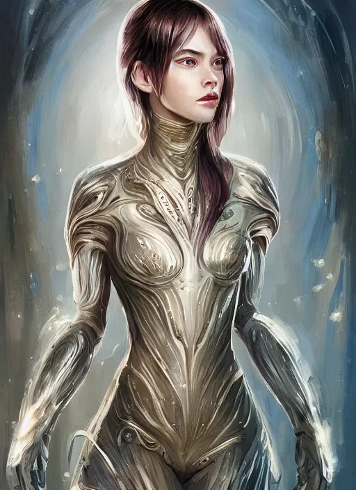 Image similar to a professional painting of a beautiful young female alien, clothed in ethereal armor, olive skin, long dark hair, beautiful bone structure, symmetrical facial features, intricate, elegant, digital painting, concept art, smooth, sharp focus, illustration, from Valerian and the City of a Thousand Planets, by Ruan Jia and Mandy Jurgens and Artgerm and William-Adolphe Bouguerea