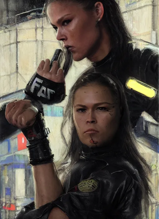 Prompt: ronda rousey teaches self defense. cyberpunk mercenary in a cyberpunk jumpsuit ( blade runner 2 0 4 9, cyberpunk 2 0 7 7 ). orientalist portrait by john william waterhouse and james gurney and theodore ralli and nasreddine dinet, oil on canvas. cinematic, hyper realism, realistic proportions, dramatic lighting, high detail 4 k