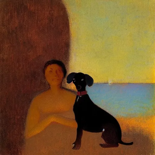 Image similar to a woman and her black and brown chihuahua stand by the sea by odilon redon