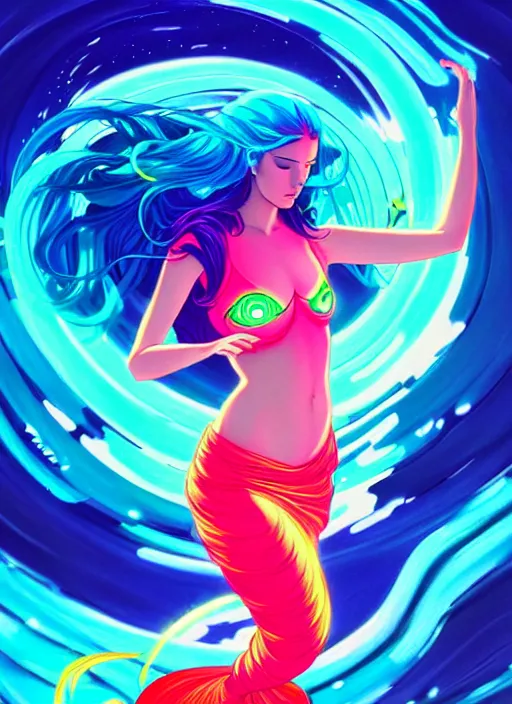 Image similar to style artgerm, joshua middleton, illustration, mermaid wearing neon clothing, blue hair, swirling water cosmos, fantasy, dnd, cinematic lighting