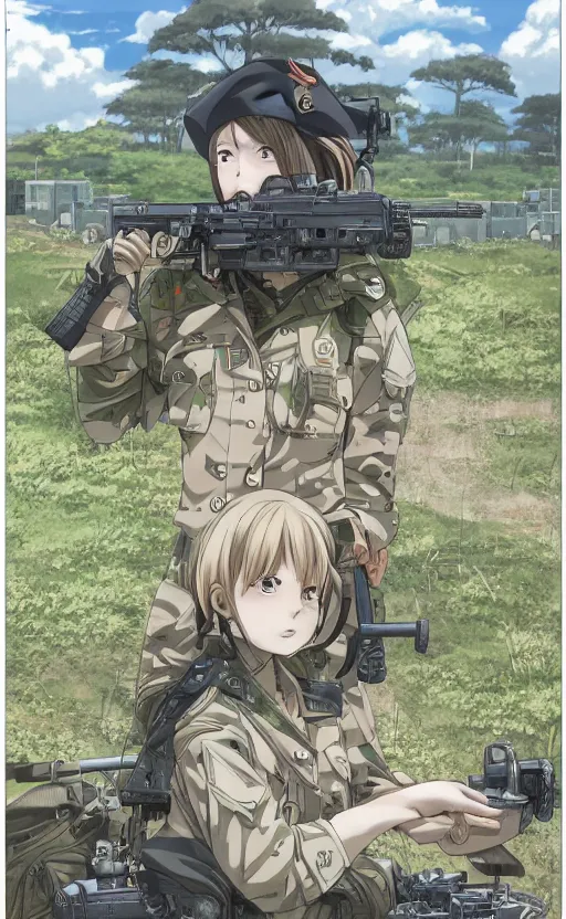 Prompt: portrait of a female soldier, highly detailed, high resolution, military camp in the background, a colored page of a manga, illustration, stunning, from the manga marginal operation, bokeh soft, matte, 100mm, by professional photographer, hayao miyazaki, shimada fumikane, shizuma yoshinori, umihara sakana, bob, realistic human anatomy, realistic military carrier, modern warfare, realistic weapon, shot with a arriflex 35 ii, low saturation, small eyes