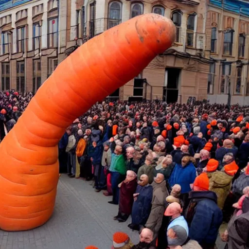 Prompt: group of people worshipping a giant carrot with Soviet style architecture