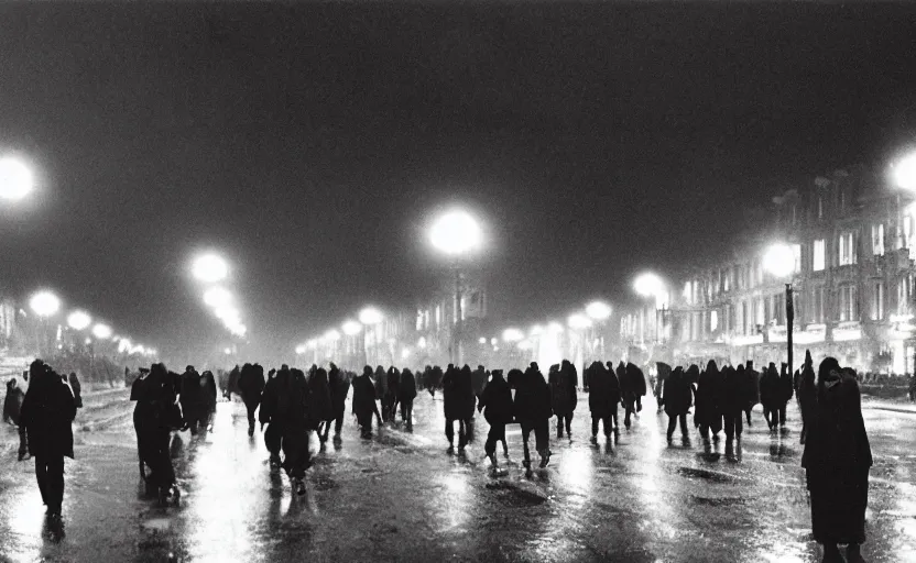 Prompt: 40s movie still of a sovietic street with many pedestrians with stalinist style building, Cinestill 800t 18mm, heavy grainy picture, very detailed, high quality, 4k panoramic, HD criterion, dramatic lightning, streetlight at night, rain, mud, foggy, soviet flags