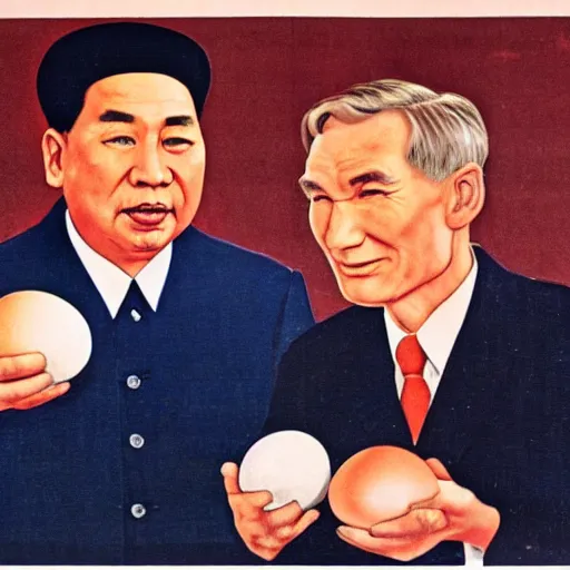 Prompt: chinese propaganda poster of mao zedong and bill nye eating eggs