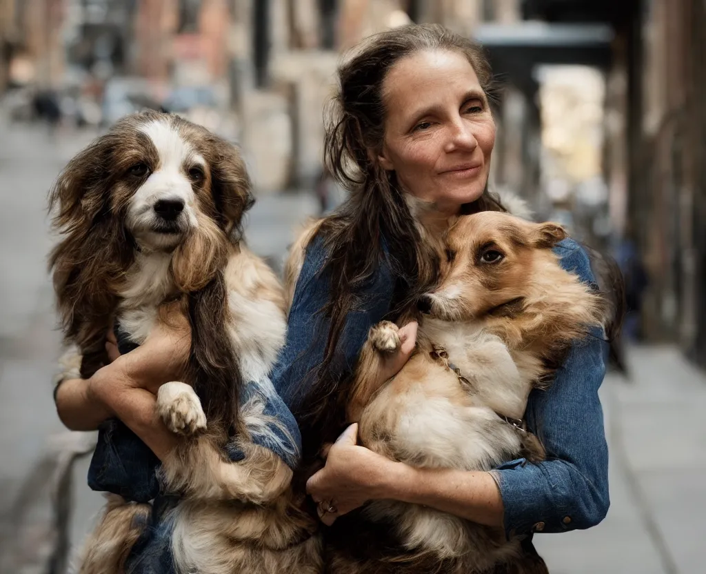 Image similar to closeup portrait of beautiful woman carrying a dog, smoky new york back street, by annie leibovitz and steve mccurry, natural light, detailed face, canon eos c 3 0 0, ƒ 1. 8, 3 5 mm, 8 k, medium - format print