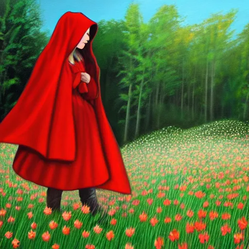 Image similar to painting of little red riding hood walking through a meadow of datura flowers, realistic