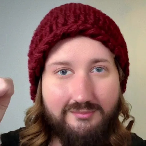 Prompt: chubby Jesus Christ wearing a brown beanie doing a livestream on YouTube