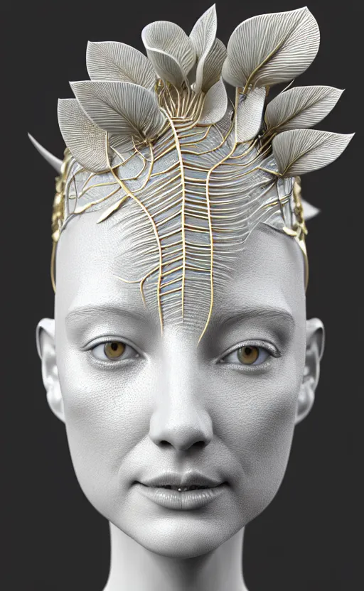 Prompt: complex 3d render of a beautiful porcelain profile woman face, vegetal dragon cyborg, 150 mm, beautiful natural soft light, rim light, silver gold details, magnolia leaves and stems, roots, fine lace, maze like, mandelbot fractal, anatomical, facial muscles, cable wires, microchip, elegant, highly detailed, white metallic armour, octane render, black and white, H.R. Giger style