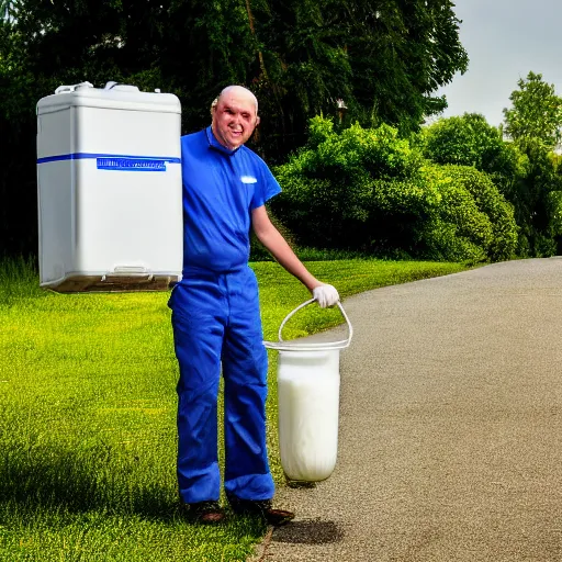 Image similar to Milkman very falsely happily giving the delicious milk to a house, 40nm, shallow depth of field, split lighting, 4k,