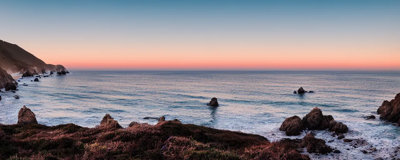 Image similar to a private beach in big sur california at sunset. cinematic photo. cinematic tone. sony 1 2 0 mm. f / 1. 8