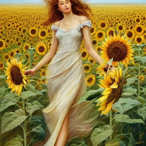 Prompt: a girl slowly walking through amazing tall sunflower field, hair flowing, early morning lightning, bad weather approaching, elegant, subtle, intricate details, real masterpiece, oil on canvas, by karol bak, ayami kojima, artgerm, smile, concept art, fantasy