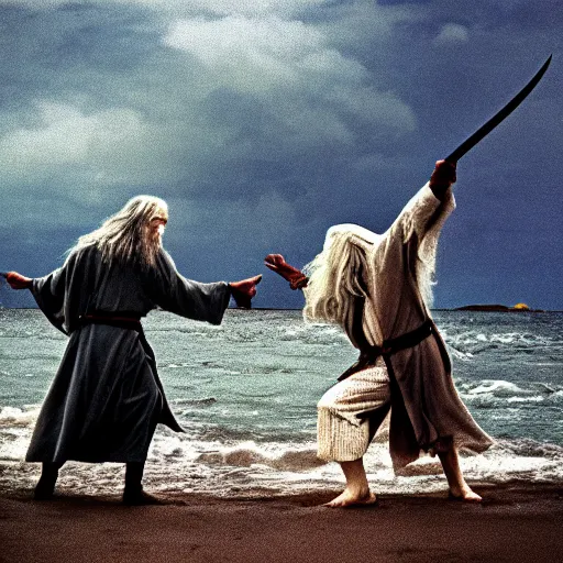 Prompt: Gandalf and Saruman frolicking on a beach, cinematic color