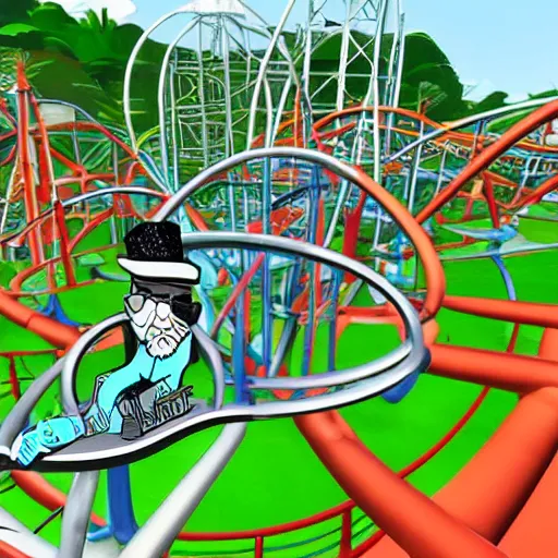 Image similar to Heisenberg sitting in a roller coaster, having a great time, in the style of rollercoaster tycoon 2