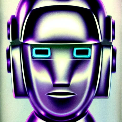 Image similar to airbrush illustration for omni magazine of a chrome robot head, silver and purple colors, illustration, airbrush, magazine cover, vivid, retro, grainy, masterpiece