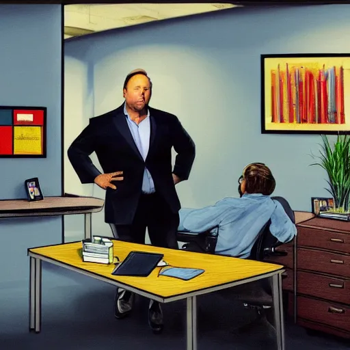 Prompt: alex jones inside an american office under fluorescent lights, oil painting