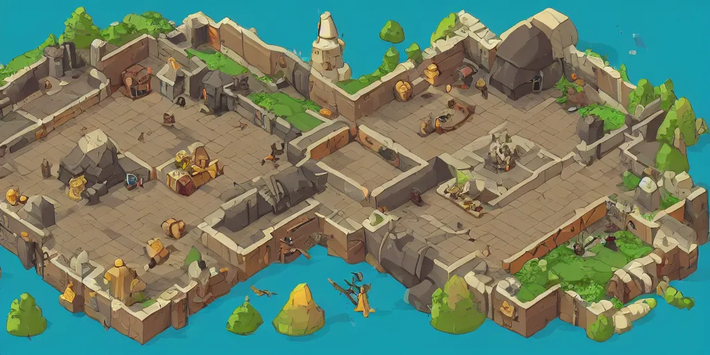 Prompt: A high detailed isometric vector art presenting an aerial view of a RPG room by dofus, Bastion, Transistor, pyre, hades, Patreon content, containing tables and walls, HD, straight lines, vector, grid, dnd map, map patreon, fantasy maps, foundry vtt, fantasy grounds, aerial view ,dungeondraft , tabletop, inkarnate, dugeondraft, roll20