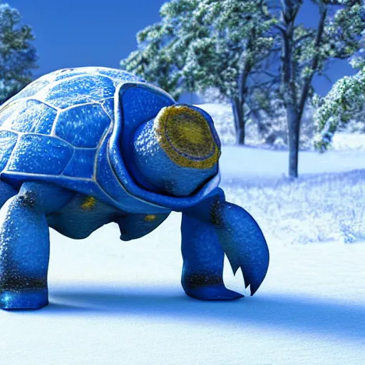 Image similar to highly realistic 3 d rendering of blastoise covered in snow and ice, unreal engine 5, volumetric lighting