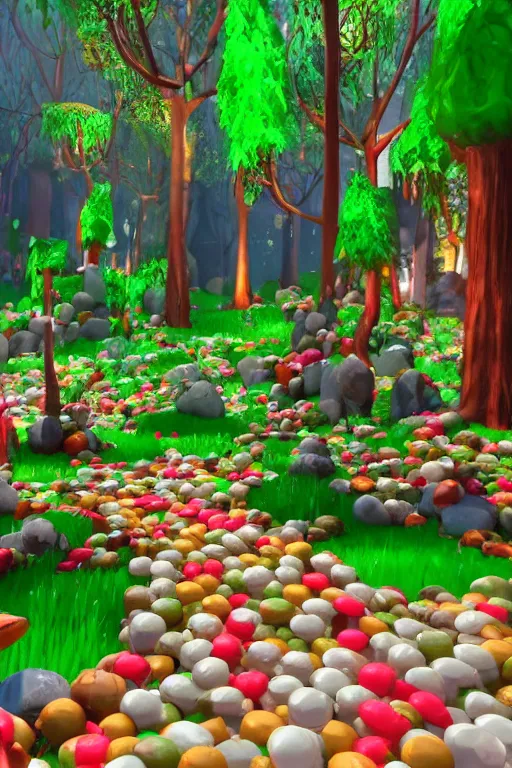 Prompt: a fancy forest made of candy and sweats, unreal engine, realistic, fantasy scenic, atmospheric