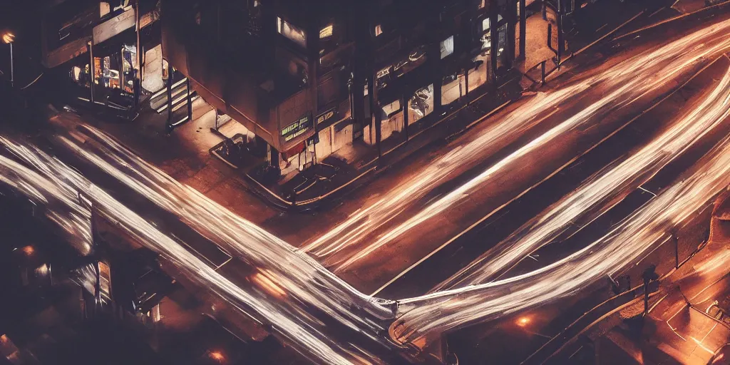 Image similar to a city street at night, raining, photograph, cars on the road, cyberpunk, sharp focus, intricate detail, drone shot