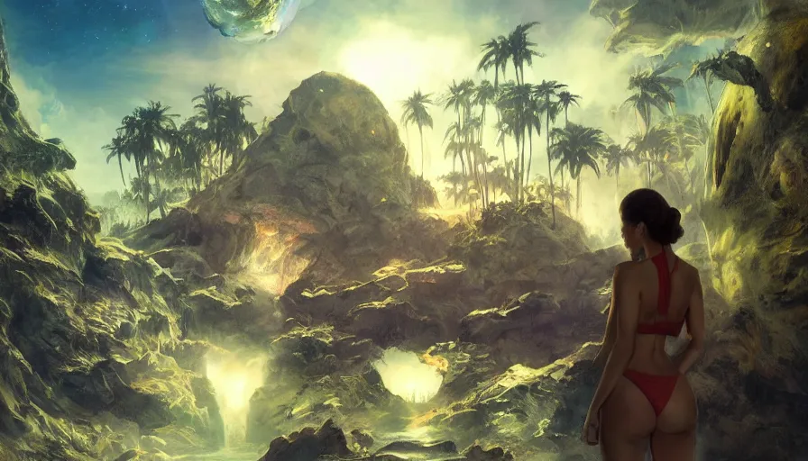 Image similar to frank frazetta art, science fiction landscape, glowing woman from space, giant soft creatures, multicolored palm trees, crystal water fall, space ship sphere, deviant art, unreal engine, realistic shading, realistic render, octane render, detailed textures, photorealistic, wide shot