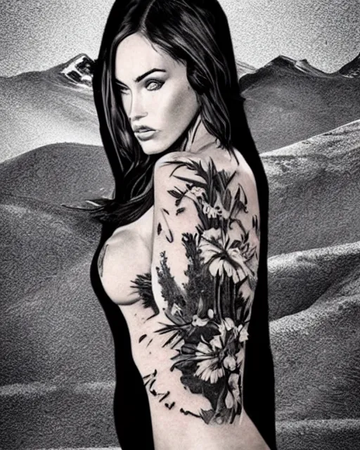 Prompt: creative double exposure effect tattoo design sketch of megan fox on a background of beautiful mountain scenery, realism tattoo, in the style of matteo pasqualin, amazing detail, sharp