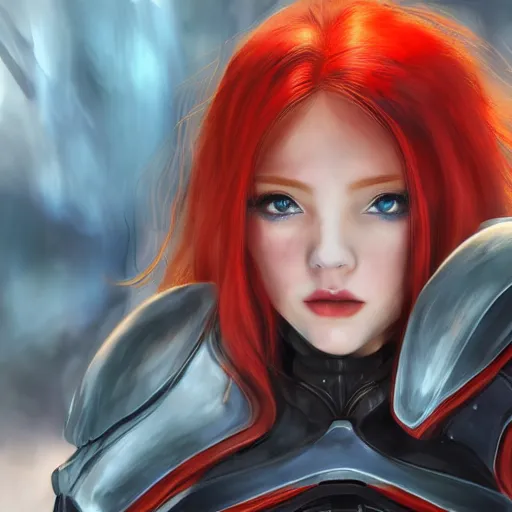 Image similar to red haired girl, warframe armor, beautiful, dreamy, pretty face, blue eyes, portrait, bright light, scifi, utopian architecture in the background, laboratory, 4 k, high definition, ultra realistic, aura of light, cinematic, extreme details, focused, masterpiece, art by akihito tsukushi, akasuki brightmind