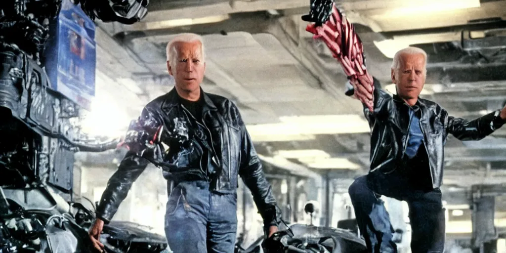 Image similar to joe biden in the terminator executing donald trump, cinematic, establishing shot, extremly high detail, photorealistic, cinematic lighting, style by James Gurney