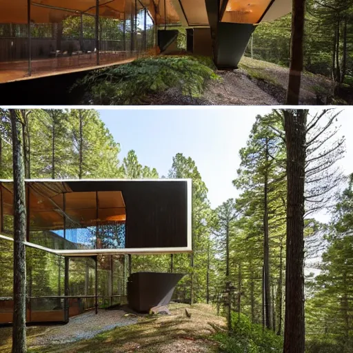 Prompt: a modern house in the woods, surrounded by pine trees. the house is the shape of a mobius strip with large picture windows.