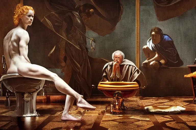 Image similar to hyperrealism aesthetic ridley scott and caravaggio and denis villeneuve style photography of a detailed giant, siting on a detailed ultra huge toilet in surreal scene from detailed art house movie in style of alejandro jodorowsky and wes anderson