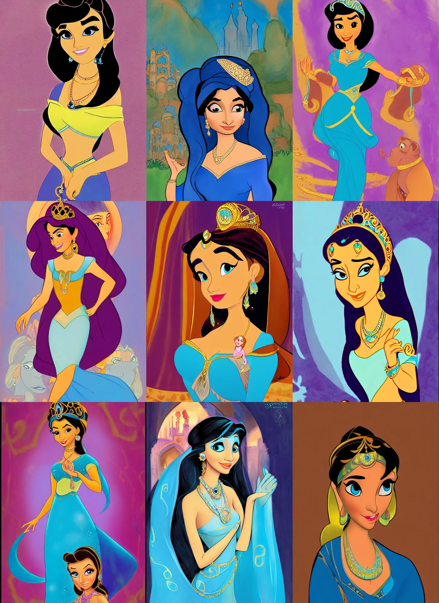 Prompt: a portrait of princess jasmine, in style of Claire Keane, Marc Davis, James Baxter and Mark Henn