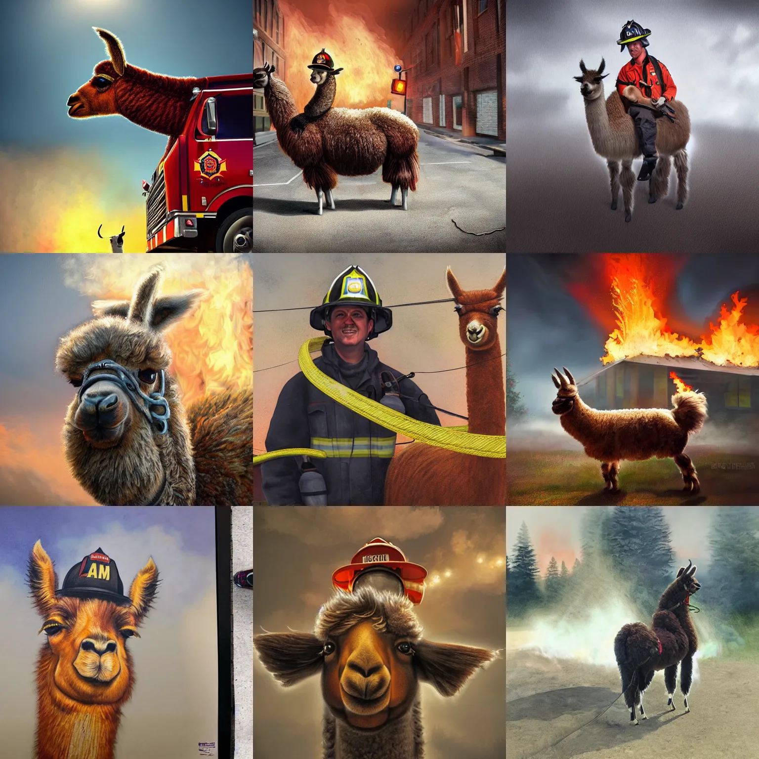 Prompt: photorealistic art of a firefighter riding a llama, dynamic lighting, hyperrealism, stunning visuals