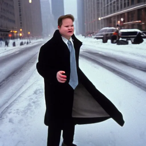 Image similar to 1 9 9 8 andy richter wearing a black wool coat and necktie slipping on ice in the streets of chicago at 3 pm in winter.