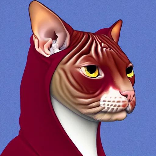 Image similar to a portrait of a humanoid sphynx cat wearing a maroon hoodie, digital art