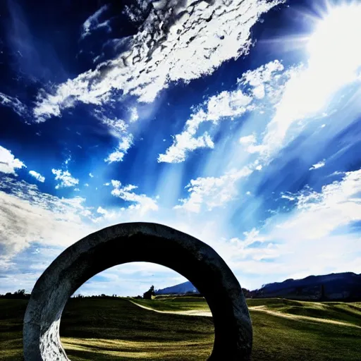 Image similar to stargate made of stone that form a circle, cinematic view, epic sky