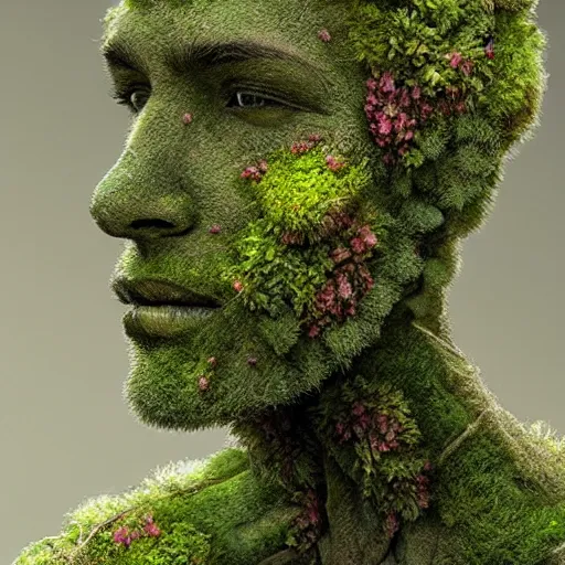 Prompt: a human figure made of moss and flowers, beautiful high quality realistic fantasy art, trending on artstation