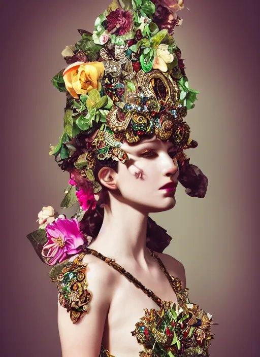 Image similar to full body environmental portrait photo of a young and beautiful female model, ornate headpiece made from flowers, ornaments, glamour shot by gemmy woud - binnendijk, chris knight, photorealistic, canon r 3, fashion photography, ornate, symmetrical features, octane render, unreal engine, solid dark background, clamp shell lighting, rim lighting