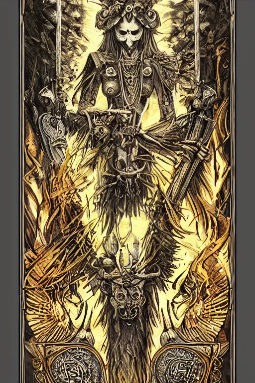 Image similar to Full tarot card, occult, tribal, symbolism, bones, highly detailed, trending on artstation, CGSociety